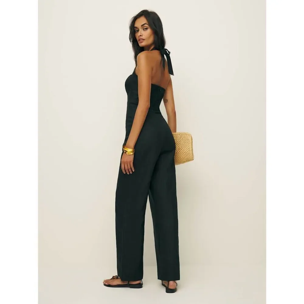 Reformation Malika Linen Black Halter Wide-Leg Jumpsuit with Square Neck Size 10